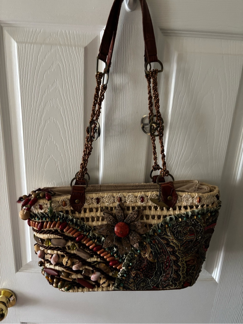 Mary Frances large Straw and Beaded Tote Bay Purse